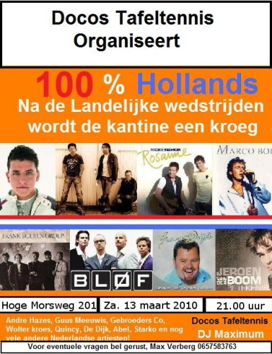 Hollandse Feestavond bij Docos Tafeltennis op ZATERDAG 13 MAART 2010