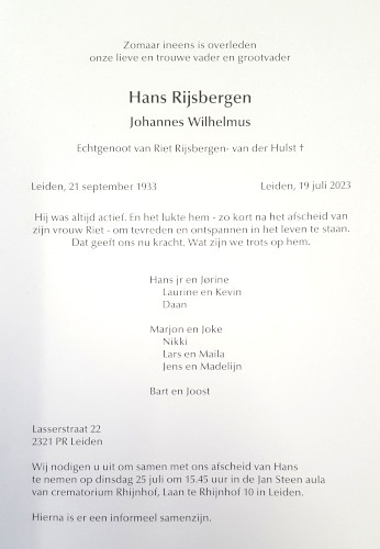Rouwkaart Hans Rijsbergen